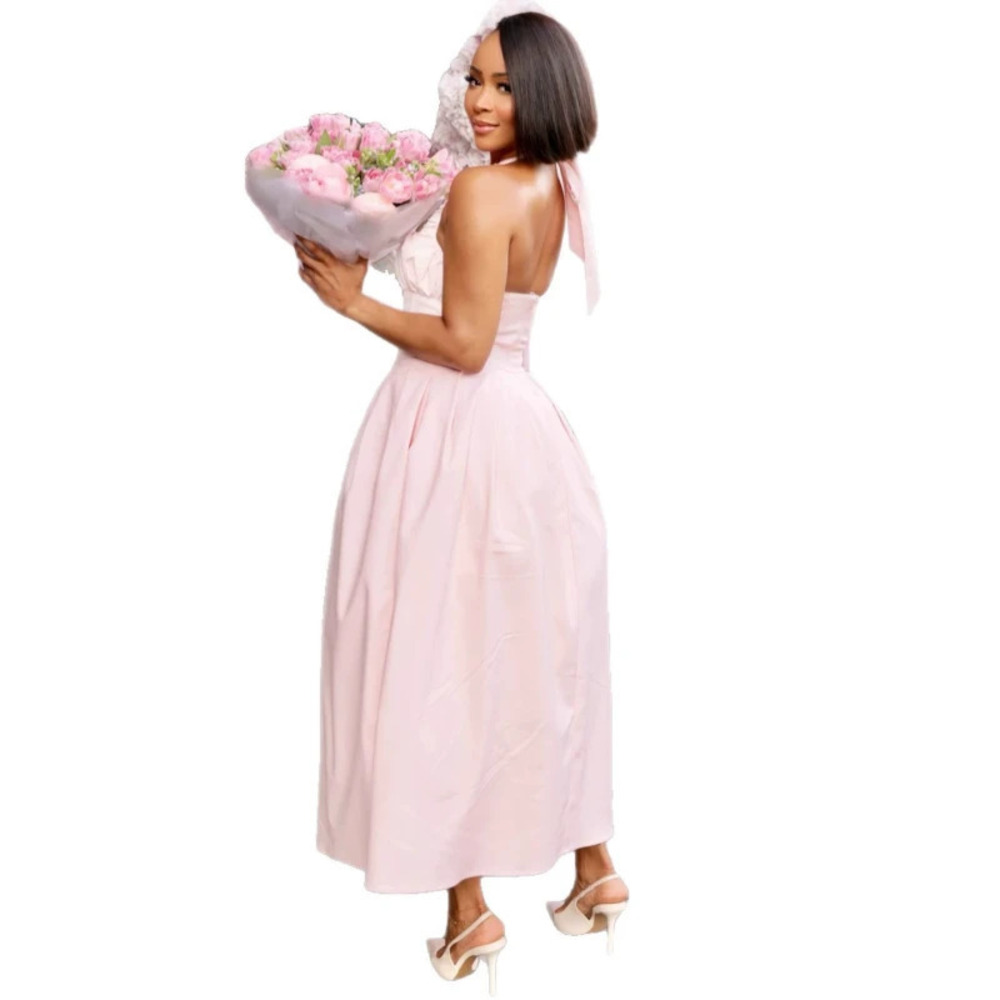 ZARA African Fashion Elegant Pink Halter Neck Backless Maxi Dress - Picture 2 of 6